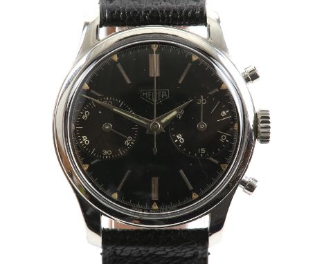 Heuer A Gentleman's Chrono 1950 wristwatch in stainless steel case, the signed black dial with steel baton hour markers,  min