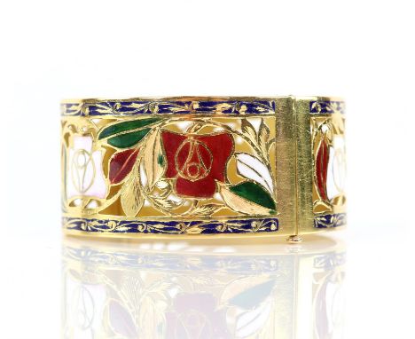 Enamel red and white rose gold pierced bangle, with enamel leaves and scrolled blue enamel borders, 3cm wide, with hinge and 