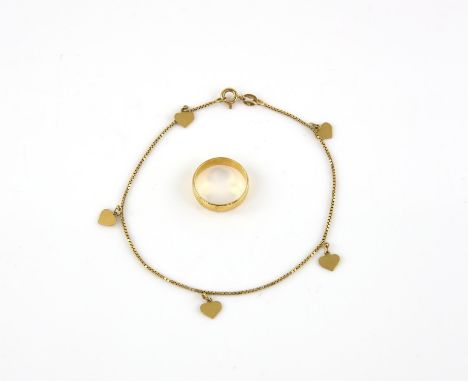 1960's court wedding band in 22 ct yellow gold, hallmarked London 1963, ring size N and a delicate bracelet set with five hea