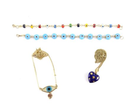 Selection of jewellery, including a blue enamel and gold star heart pendant, on a fine curb chain, chain length 41cm, an evil
