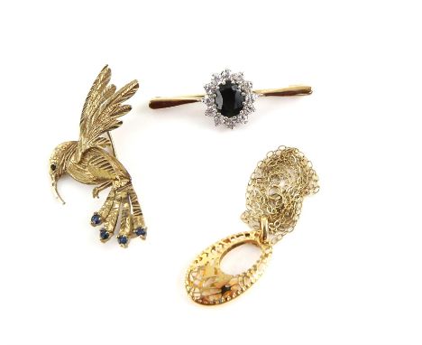 Three items of jewellery including a sapphire and cubic zirconia cluster brooch, a sapphire set bird brooch and pendant and c