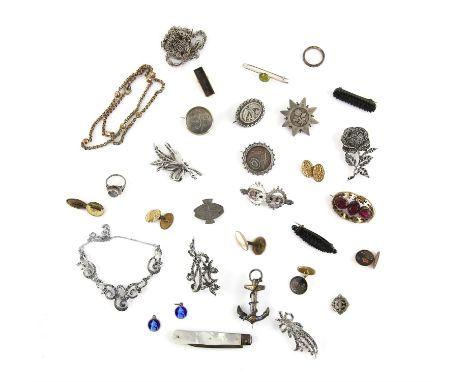 Selection of antique and vintage silver and costume jewellery, including three floral brooches, a banded agate anchor brooch 