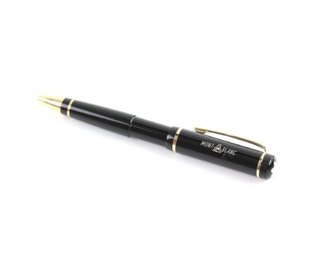 Mont Blanc, black resin ball point pen with gold band and clip, marked Mont Blanc in white to barrel and numbered 2890/45000 