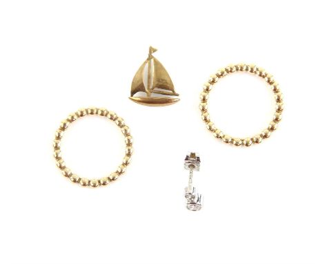 Mixed group of items, a single, diamond earring, rub over set with two round brilliant cut diamonds, estimated total diamond 