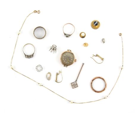 A mixed group of items, including a pearl and box chain link necklace, 38cm in length, with a pearl and a banded gate dress s