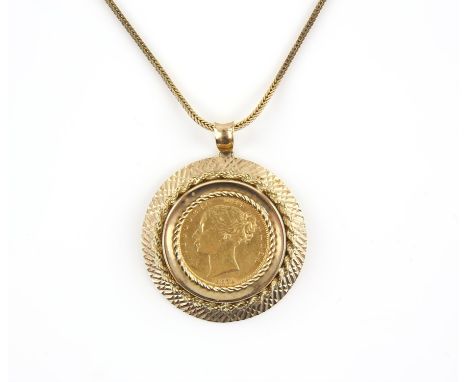Pendant coin mount, in 9 ct set with a Victorian 1871 shield back sovereign, on a fancy link chain, with a bolt ring clasp in