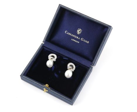 Cassandra Goad pearl and diamond drop earrings, each  diamond knot design featuring sixteen round brilliant cut diamonds, tot