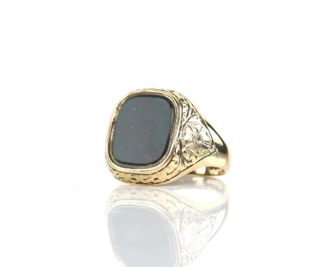 Vintage bloodstone signet ring, rectangular cushion cut bloodstone, with engraved detail to the surround and shoulders, mount