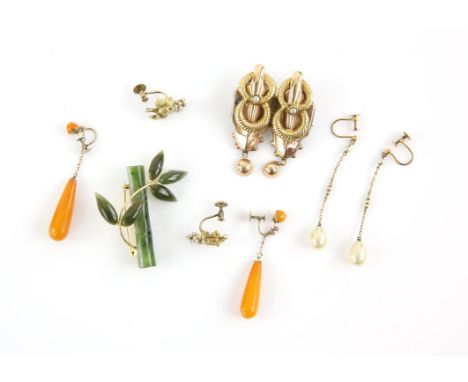 A mixed group of items, including a double brooch seed pearls, with pin and catch fitting, testing as 14 ct, a pair of amber 