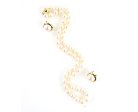 Pearl necklace, fifty 7.4-7.5mm cream pearls, strung knotted, on an 18 ct gold ball clasp, length 44.5cm, together with a pai