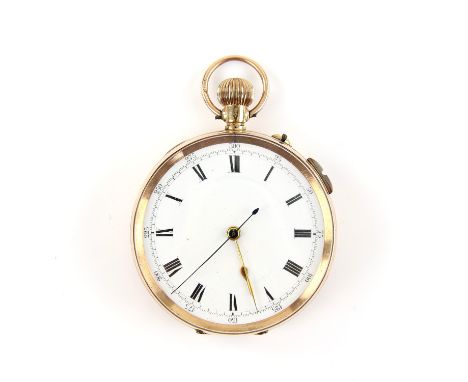 A  gold open faced pocket watch the white enamel dial with roman numeral markers within a minute track, fitted with a  lever 