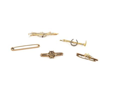 Five bar brooches, including a rose cut diamond horse shoe and riding crop brooch, mounted in 18 ct, pin and catch fitting, 4