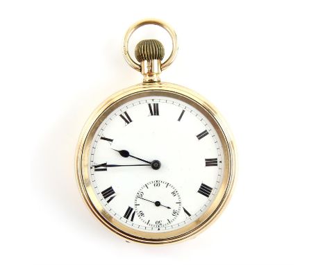 An English open face pocket watch in gold case, the white enamel dial with Roman numeral hour markers, subsidiary seconds dia