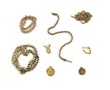 Mixed group of gold items, including a curb link chain approximately 19.5 inches, two small St. Christopher pendants, a pair 