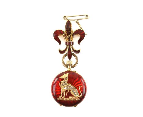 A Swiss Ladies enamel and diamond fob watch, circular enamel dial with Arabic numeral hour markers, gilt hands within red gui