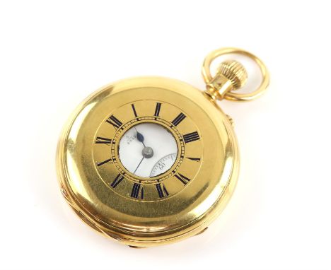 19th century gentleman's gold half hunter pocket watch, the white enamel dial signed Barraud and Lunds London and numbered 5/