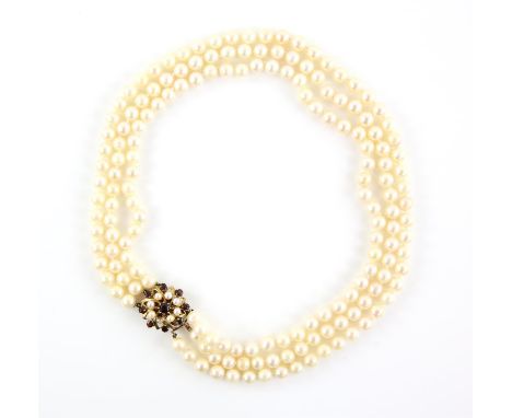 Vintage three row pearl necklace, white round pearl, diameters measuring approximately 6.7mm, strung with knots, with gold pe