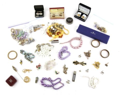 Large bag of costume jewellery including Swarovski crystal bracelet, quantity of tie pins, cufflinks, Christian Dior box and 