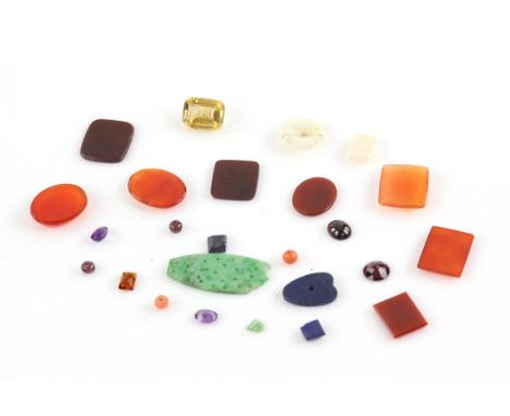 A group of loose gemstone, including a parcel of assorted melee diamonds, a parcel of onyx pieces, lapis lazuli panels, garne