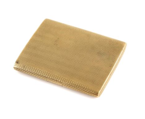 1920's gold cigarette case, engine turned detail, concealed button, in 9 ct yellow gold hallmarked Birmingham 1928, 8.4 x 7 x