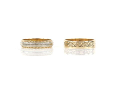 Two gold bands, one 1980's wedding band, with engraved cross detail, and another bi-coloured gold ring with twisted border, b