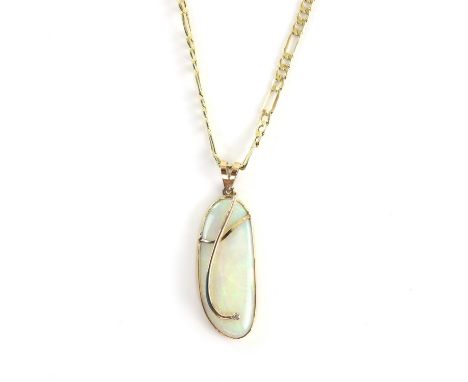 Opal pendant on a figaro chain, pendant measures estimated 3.5 x 1.5 cm at widest point and chain 70 cm long, both are hallma