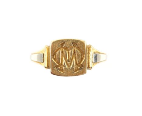 1920's signet ring, seal engraved monogram, in 18 ct yellow gold, with white gold details to shoulders, hallmarked Birmingham