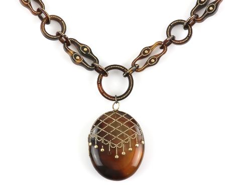 Tortoise shell pique work locket and chain necklace, oval locket 4.5 x 3.3cm, connected to link chain made up of circular, ov
