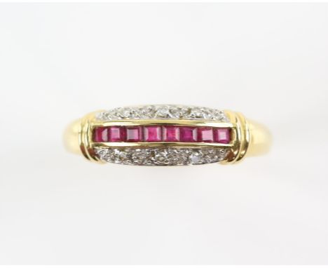 Ruby and diamond band ring, eight square cut rubies, set with round brilliant cut diamonds, mounted in 18 ct gold, ring size 