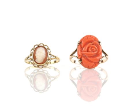 Carved coral ring, rose motif, measuring 18.2 x 12.5mm, ring size Q and a shell cameo ring, size O, both mounted in 9 ct Cond