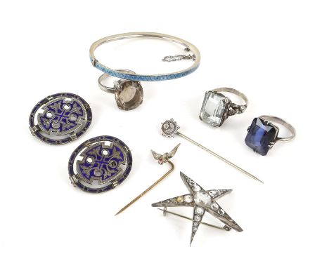 Antique silver and costume jewellery, including a paste star brooch, enamel bangle, three gem set rings, two matching blue en