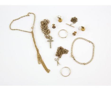 Mixed selection of jewellery including three chains, a diamond set cross on a fancy link chain, two bracelets and three pairs