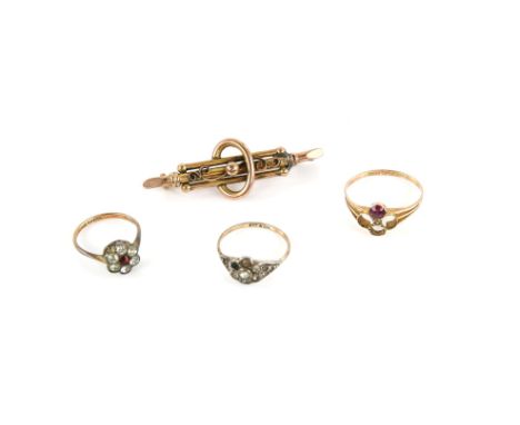 A mixed group of gold items, a Victorian bar brooch, pin and catch fitting 4.5 x 1.5 cm, a garnet seed pearl quatrefoil ring,