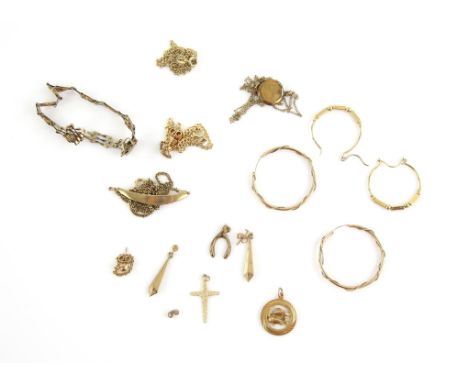 Selection of gold jewellery, including a gate bracelet, three pendants. two pairs of drop earrings, two pairs of hoop earring