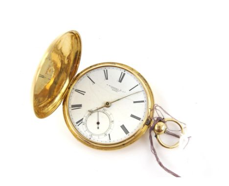 A gold full hunter Gentleman's pocket watch the hinged lid opening to reveal a white enamel dial marked J Forrest and co Lond