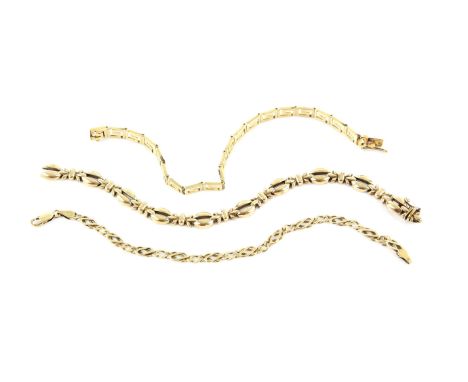 Three bracelets, including a Greek key link bracelet in 14 ct, with a box link clasp, length approximately 18.5cm, a fancy Ce