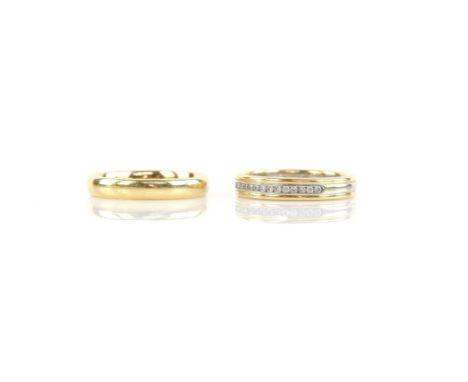 Two rings, a diamond set half eternity ring, size K 1/2, inside band marked Pravins and a court wedding band, 3mm wide, size 