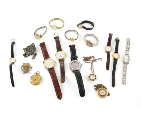 A  ladies open face pocket watch with roman numeral hour markers, key wind movement,  and a group of ladies  wristwatches  in