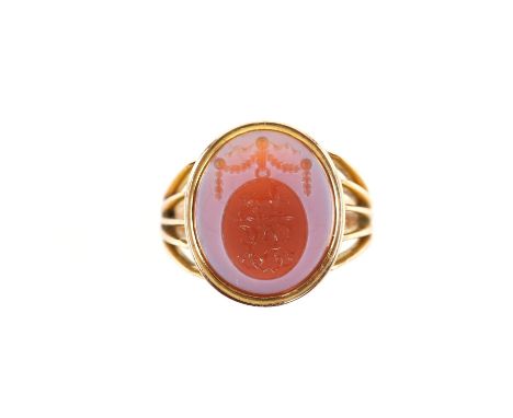 Victorian agate signet ring, with seal engraving, depicting a standing lion and scrolled initials RJ, agate measures 15.6 x 1