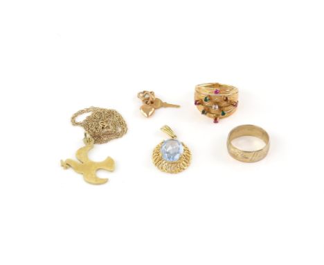 A mixed group of gold jewellery, including a paste set multi row ring, size N 1/2 testing as 18 ct, a key and heart charm, st
