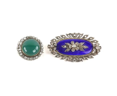 Two antique mourning brooches, including a circular dyed green agate and diamond brooch, with a tapering surround of old-cut 