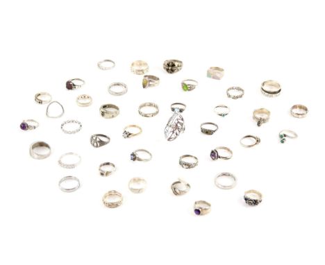 Selection of rings, forty in total, a Celtic design with a cabochon amethyst, size K, marquise shape rutilated quartz ring, s