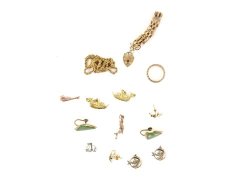 Mixed group of gold items including a pair of nephrite jade earrings with screw back fittings, a rope chain necklace, a gate 