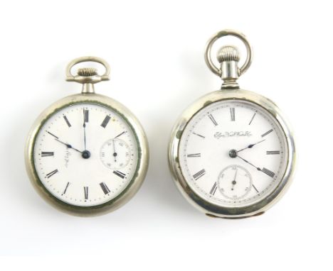 Elgin, an open face pocket watch with signed white enamel dial, Roman numeral hour markers, railway minute track, subsidiary 