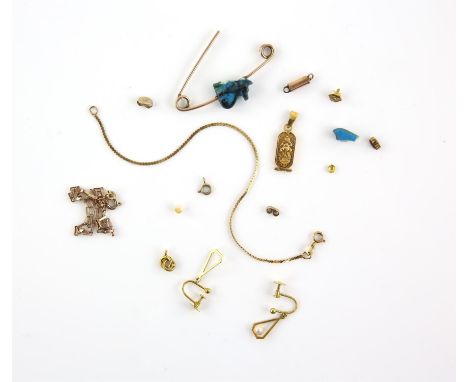 Mixed group of jewellery including two bracelets, a pair of pearl drop earrings and a brooch, all in 9 ct, an 18 ct pendant w