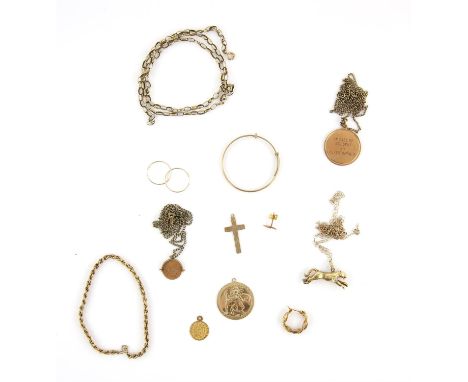 Group of items, including a St. Christopher, a medical pendant, a spinner pendant, a child's bangle, a cross pendant, a pair 