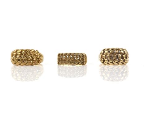 Three keeper rings, two hallmarked 9 ct one tested as 9 ct, ring sizes R, S and TCondition Report:  Gross weight approximatel