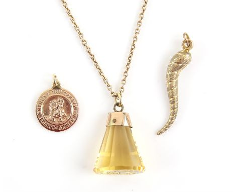 Antique citrine fob with a carved seal base, with an initial M and a crown, with a tested 9 ct bail, on a tested 9 ct chain, 