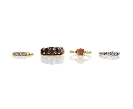 Four antique rings, including an old cut diamond five stone ring, size K 1/2, and another similar, size H, both in 18 ct, wit