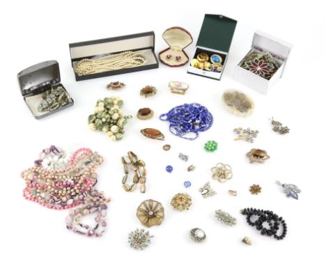 A collection of costume jewellery, including marcasite crescent brooch, Coalport clip on earrings with ceramic purple flowers